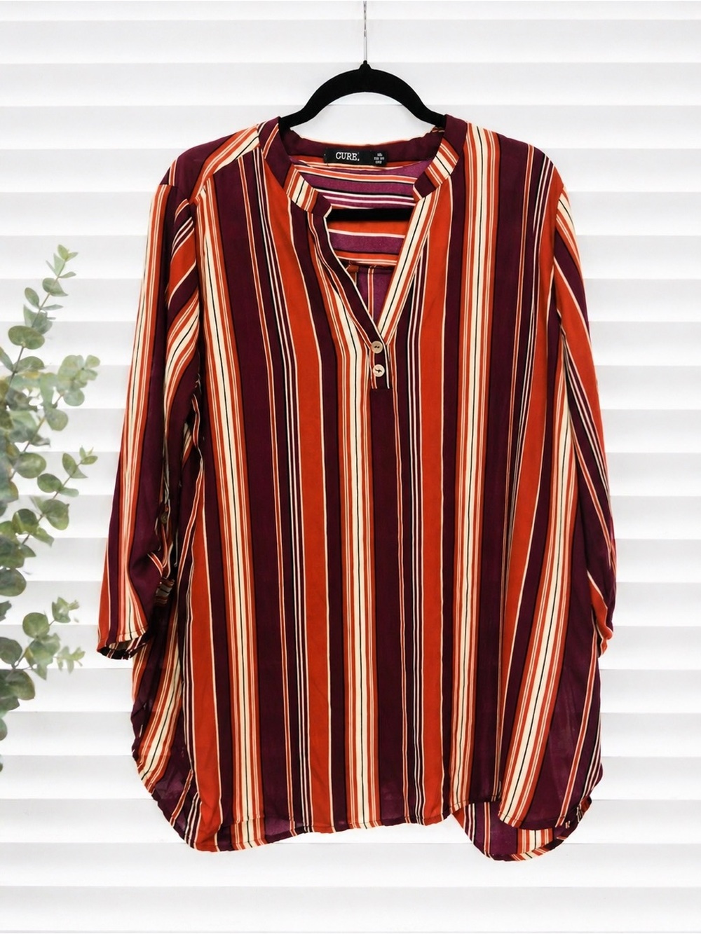 CURE Striped V-Neck Button Pullover Top - Burgundy & Rust